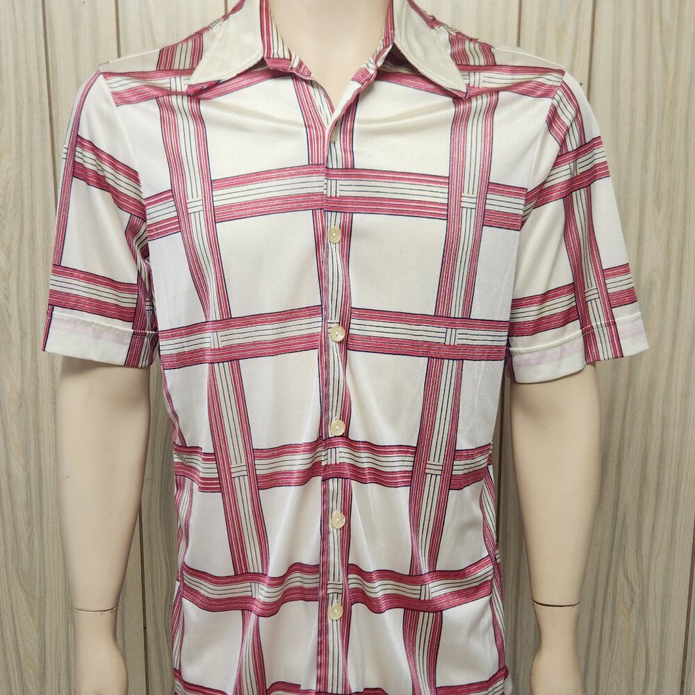 1970s men's shirt L short sleeve geometric nylon disco Damon